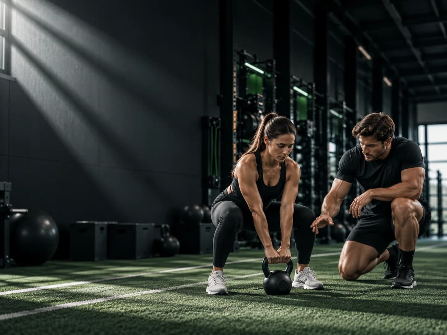 A coach guides an athlete through a kettlebell movement.