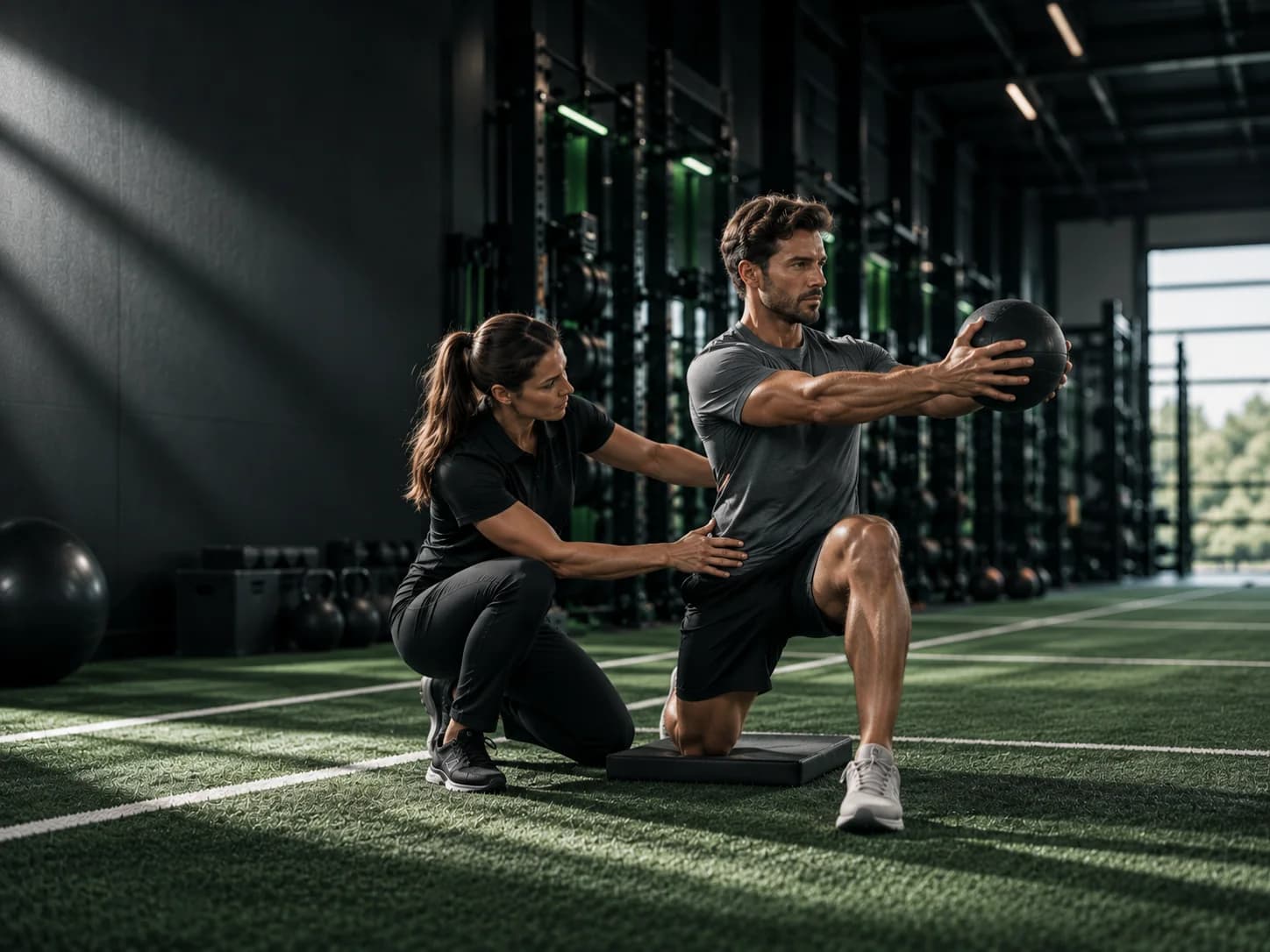 A coach observes a controlled squat assessment.