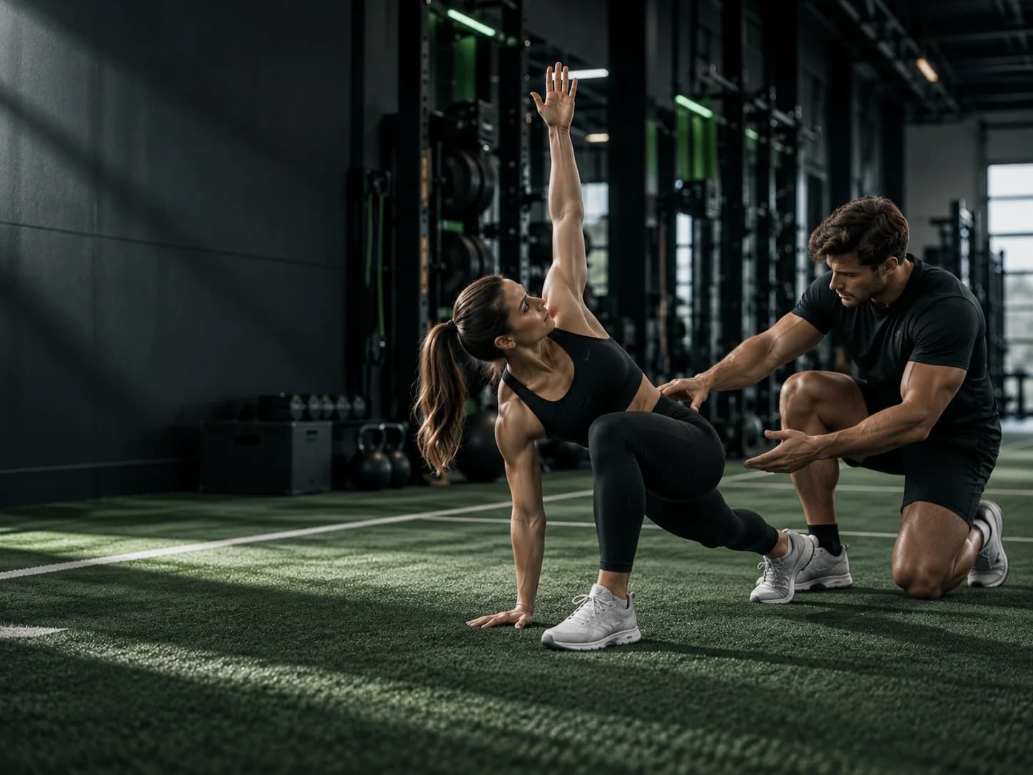 A coach guides a floor-based mobility exercise.