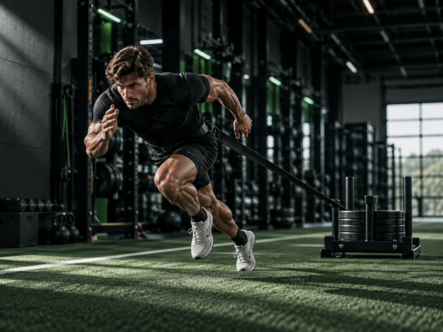 An athlete performs a resisted acceleration exercise.